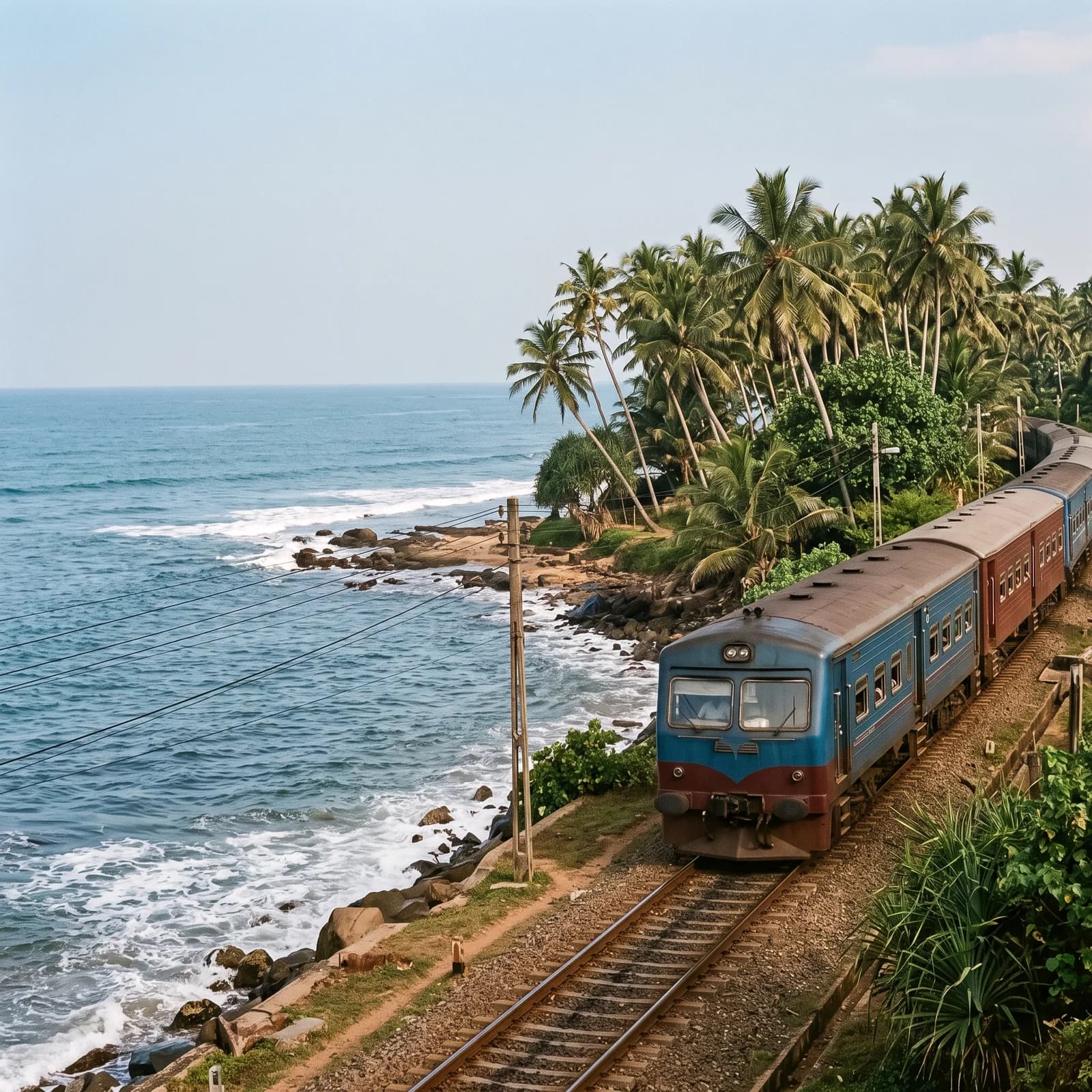Train travelling beside the ocean