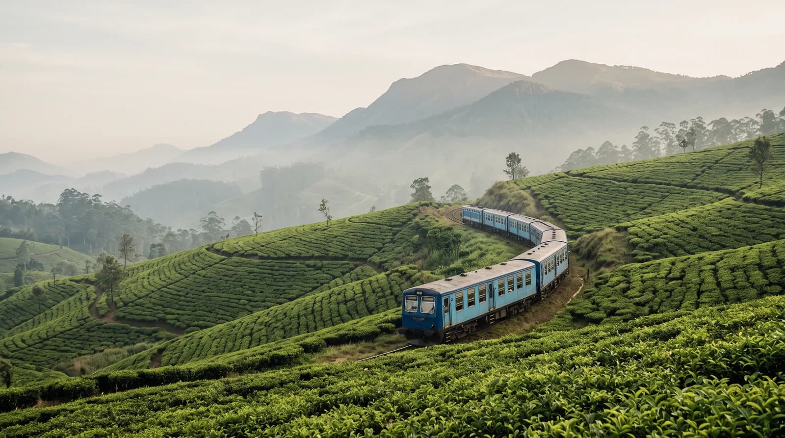 Train winding through Sri Lankan tea country